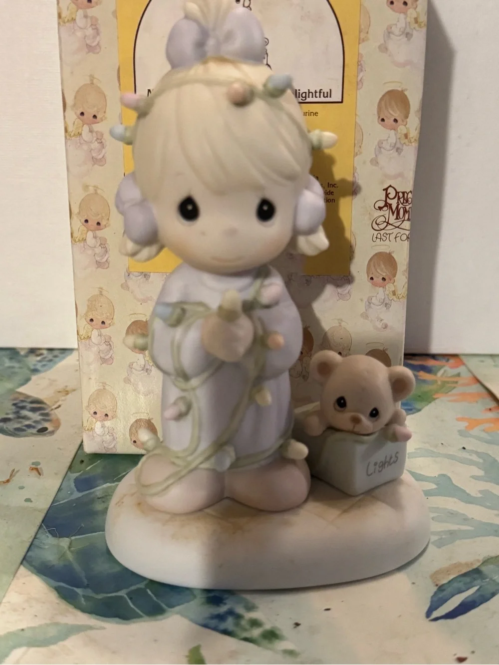 Precious Moments Pastel Blue & Cream Girl Figurine with Teddy
